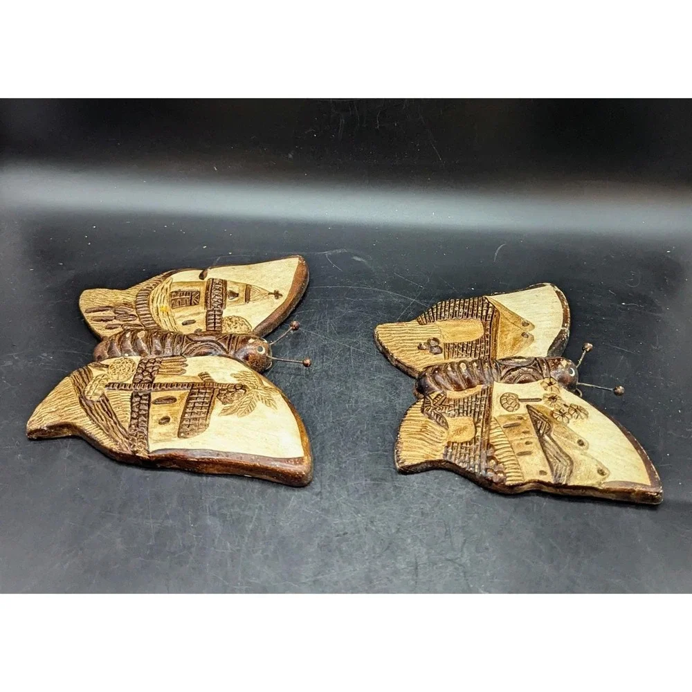 Set/2 Vintage Art Pottery Wall Hanging Butterfly Brown Buildings 7.5